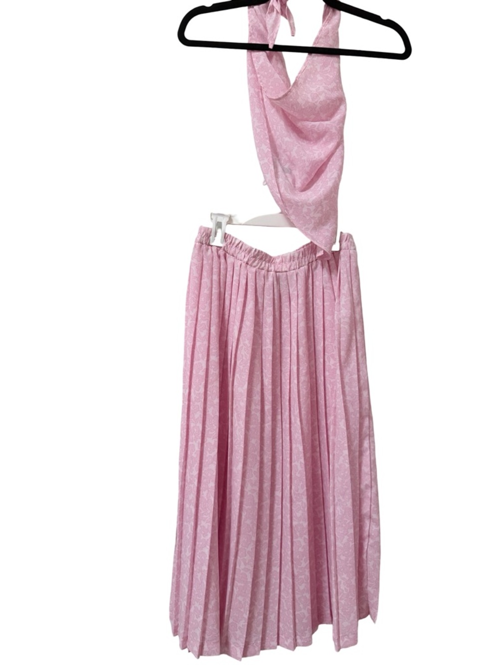 Vintage Pink Pleated Midi Skirt & Scarf Set
